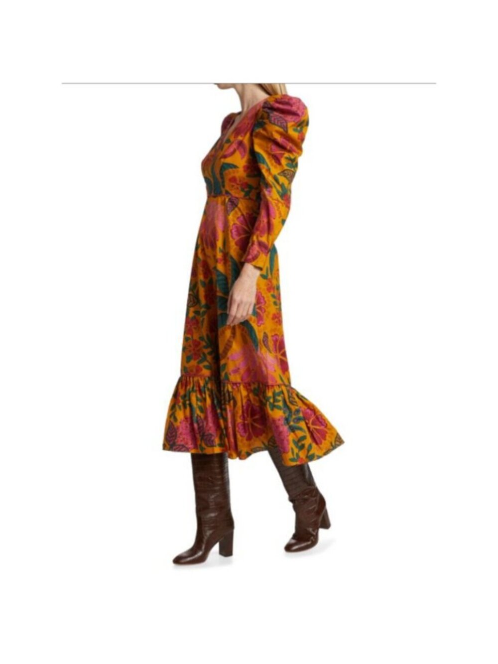 Farm Rio Midi Dress  Puff Long Sleeve Print Cotton Yellow  Small New With Tag - Picture 4 of 7